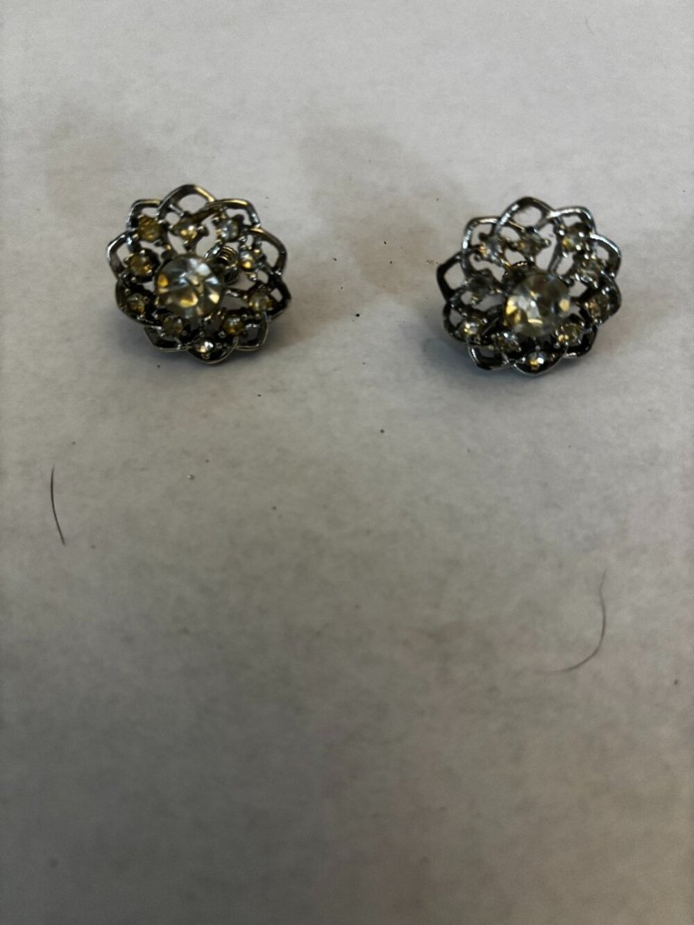 Screw back clip earrings silver tone rhinestones braid
